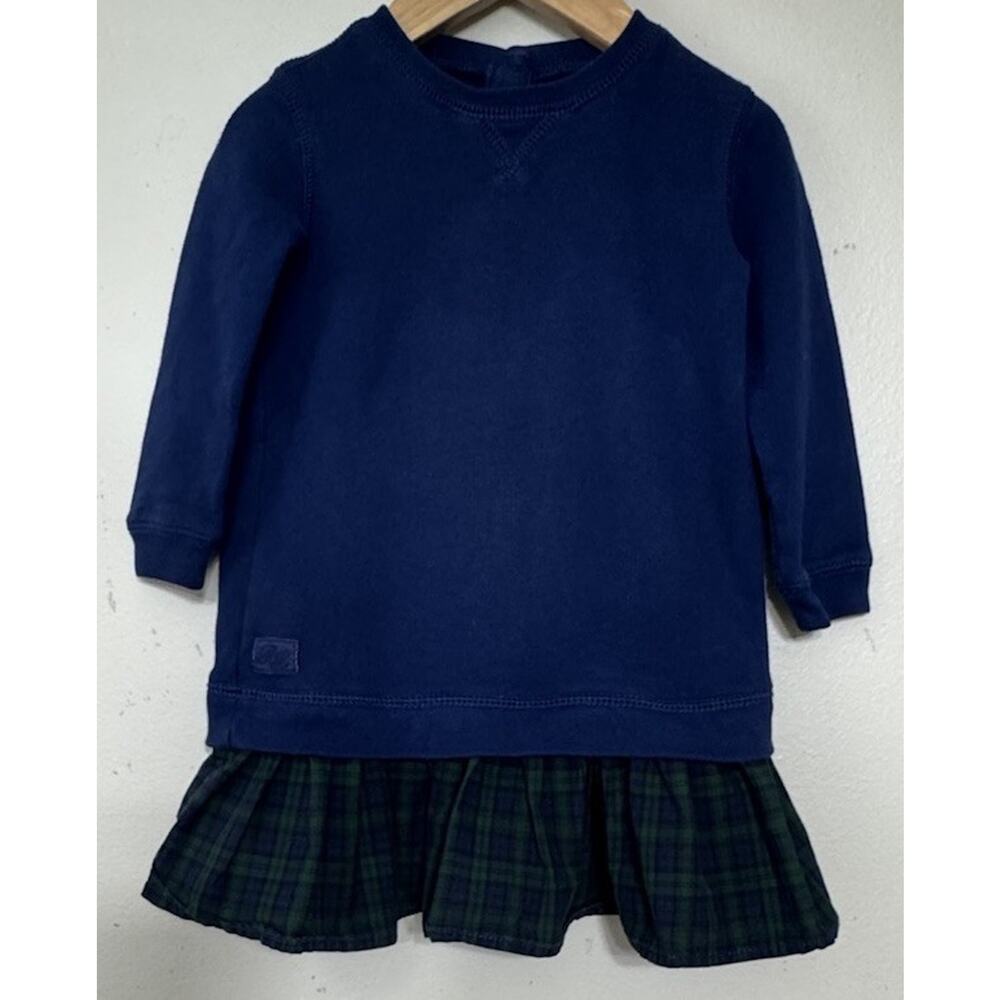 Ralph Lauren Baby Girls Navy Blue Plaid Green Long Sleeve Dress Size 18 months